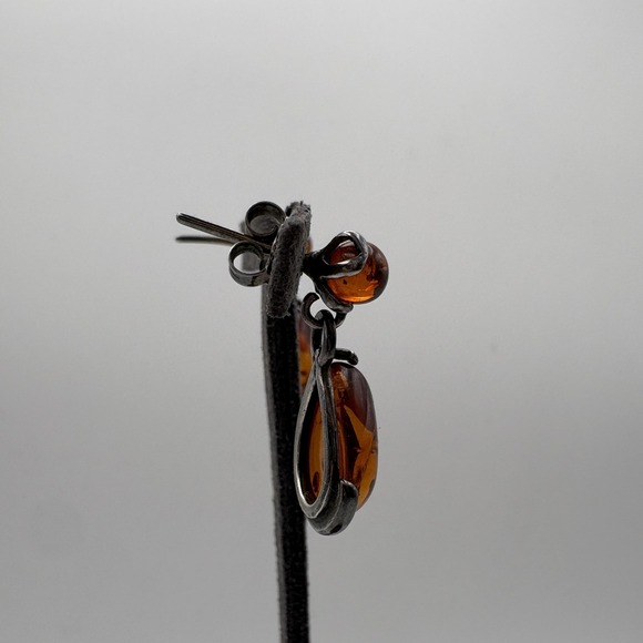 Sterling Silver Amber Teardrop Dangle Earrings Post Drop Pierced Vintage - Picture 4 of 9